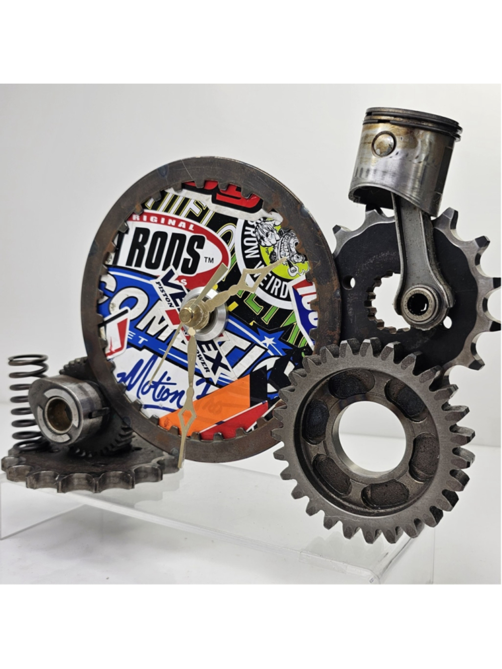 Handmade Welded Engine Parts Gear Clock Folk Art Motorcycle Racing